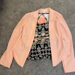 Candie’s Women’s Pink Blazer Paisley Peplum Top Tank Open Back Gold Belt Outfit